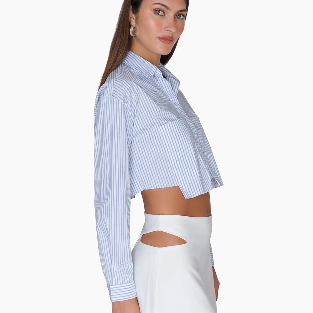 Stitch & Feather Striped Cropped Button-Up Shirt sz L - Picture 8 of 8